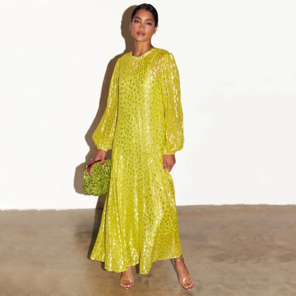 Never Fully Dressed Lime Animal Jacquard Long Sleeve Bibi Dress